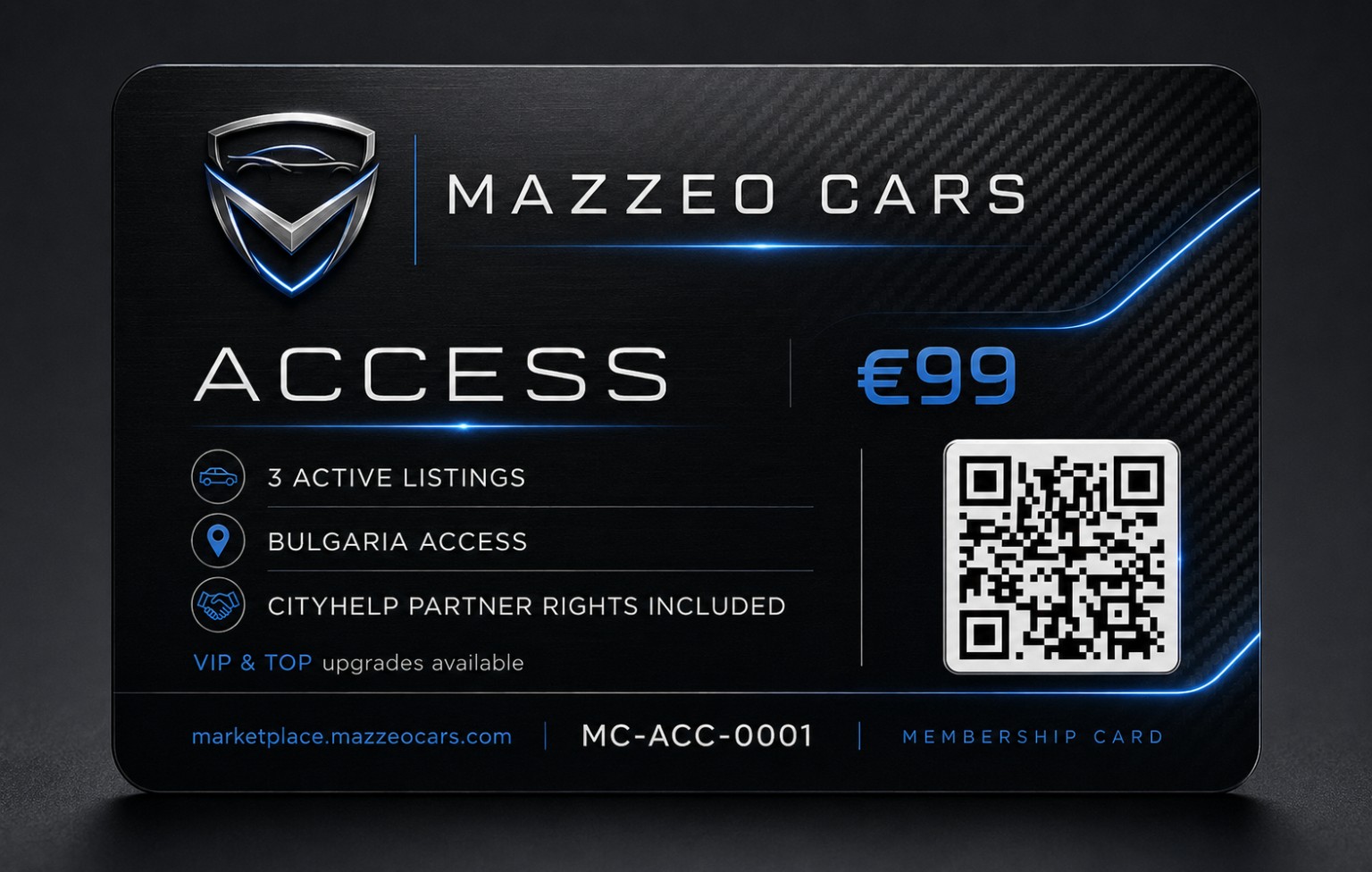 MAZZEO CARS ACCESS membership card, €99, three active listings and Bulgaria access