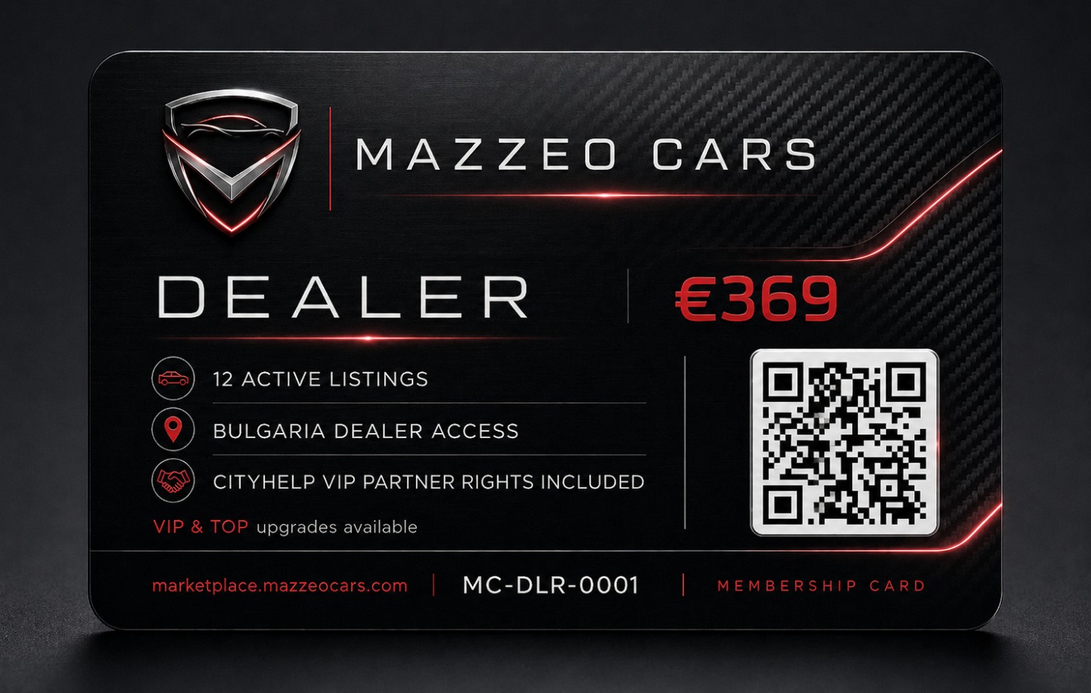 MAZZEO CARS DEALER membership card, €369, twelve active listings and Bulgaria dealer access